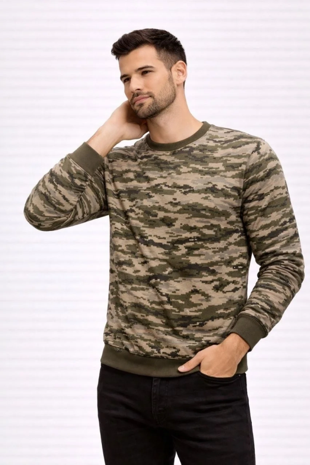 Erkek Kamuflaj Desenli 2 İplik 4 Mevsim Uzun Kollu Bisiklet Yaka Sweatshirt - Kamuflaj