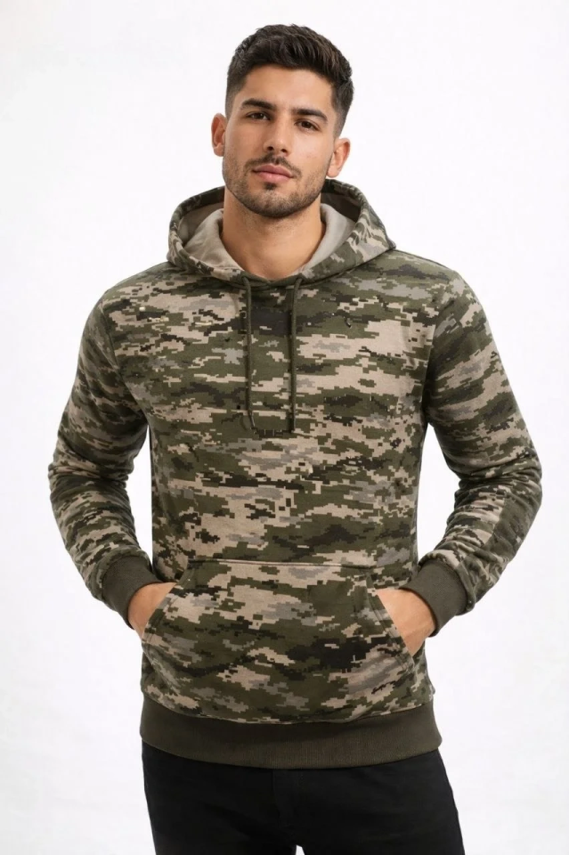 Erkek Kamuflaj Desenli 2 İplik 4 Mevsim Kapüşonlu Kanguru Cepli Hoodie Sweatshirt - Kamuflaj