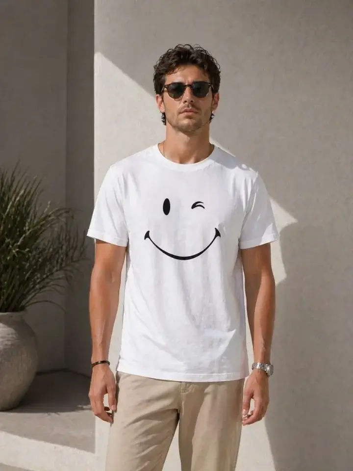 Erkek Minimal Gülümseyen Yüz Baskılı Tişört Kısa Kol Yazlık T-Shirt - Beyaz
