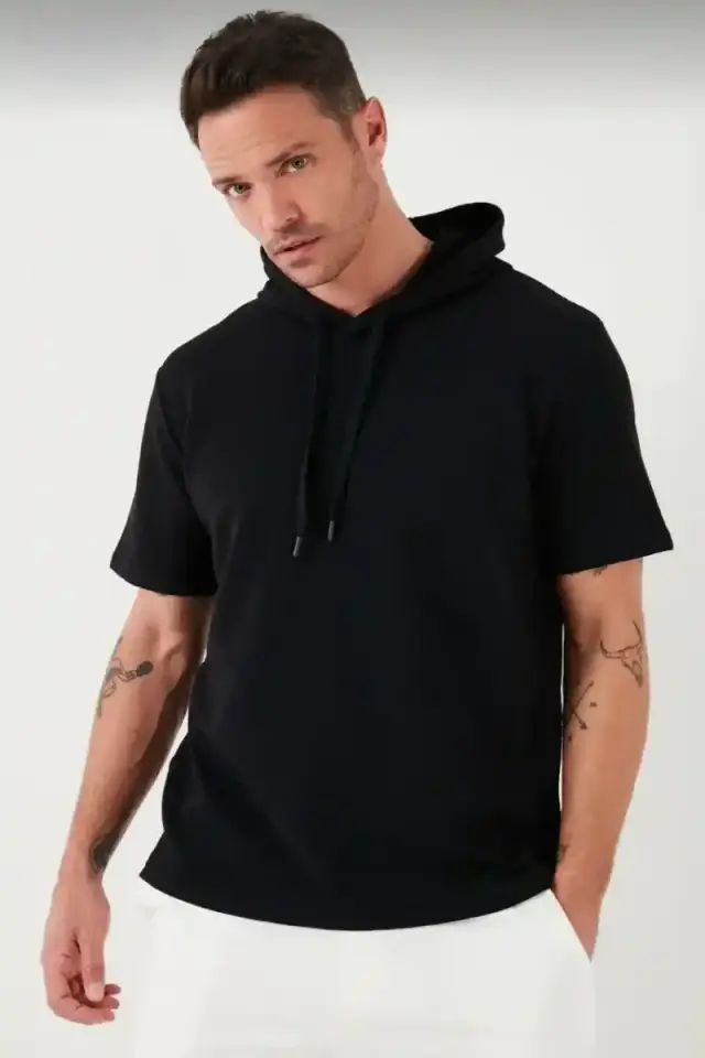 Erkek Kapüşonlu Tişört Kısa Kol Düz Oversize T-shirt - Siyah