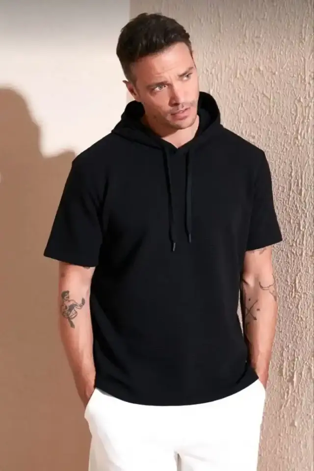 Erkek Kapüşonlu Tişört Kısa Kol Düz Oversize T-shirt - Siyah