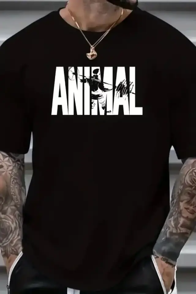 Erkek ANIMAL Baskılı Tişört Bisiklet YakaYazlık T-shirt - Siyah