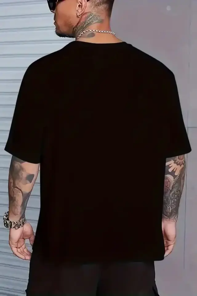Erkek ANIMAL Baskılı Tişört Bisiklet YakaYazlık T-shirt - Siyah