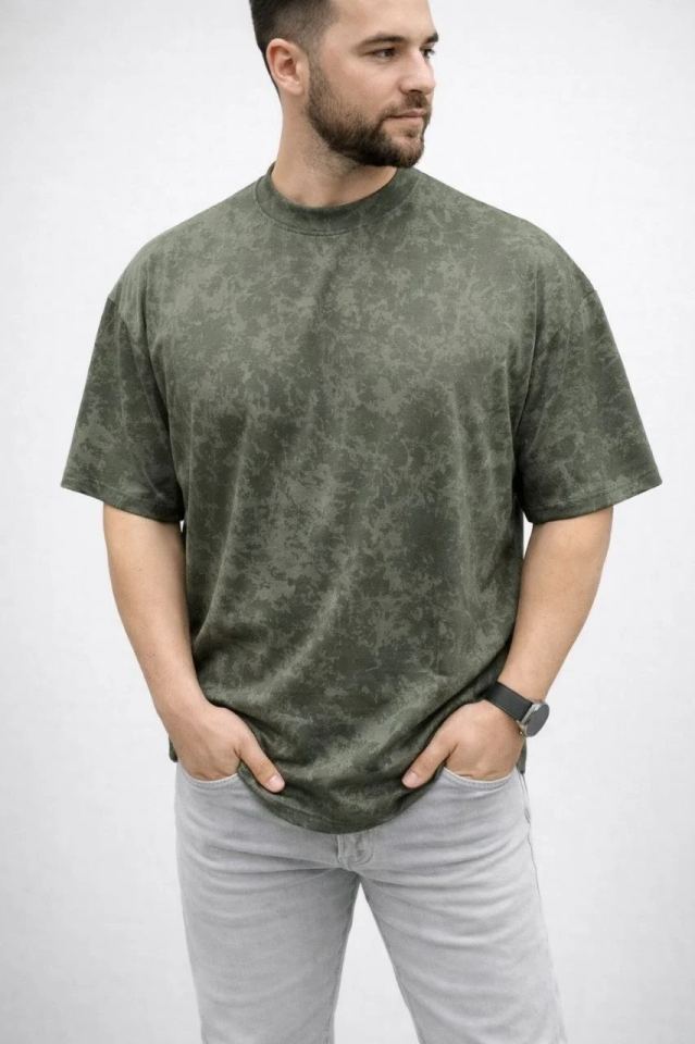 Erkek Premium Tişört OSY Yumuşak Dokulu Yıkamalı Oversize T-Shirt - Haki