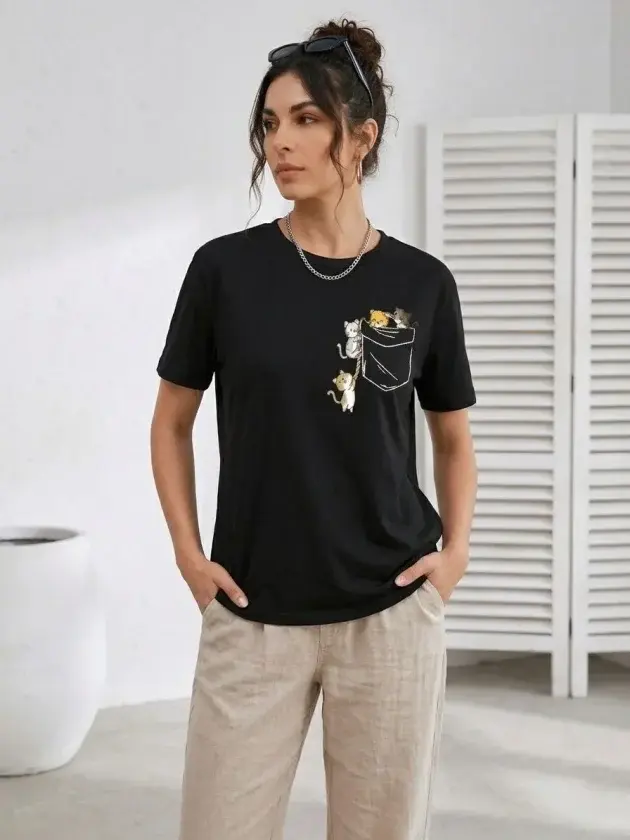 Sevimli Kedi Cep Baskılı Tişört Kısa Kol Yazlık T-Shirt - Siyah