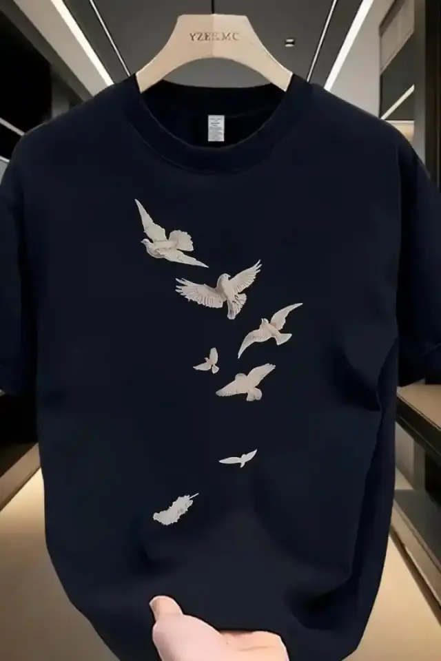 Erkek Özgür Kuşlar Baskılı Tişört Yazlık Bisiklet Yaka Kısa Kol T-Shirt - Beyaz