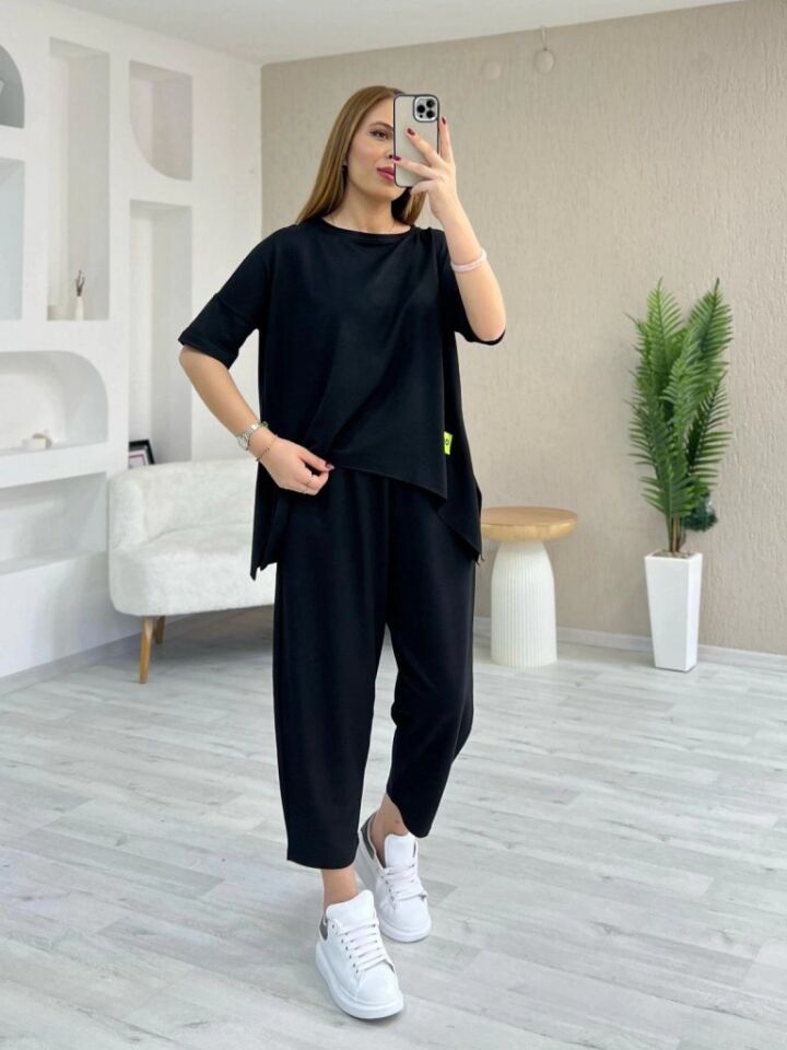 Kadın Kısa Kollu Bisiklet Yaka Viskon Iki Iplik Bluz Ve Pantolon Ikili Takım