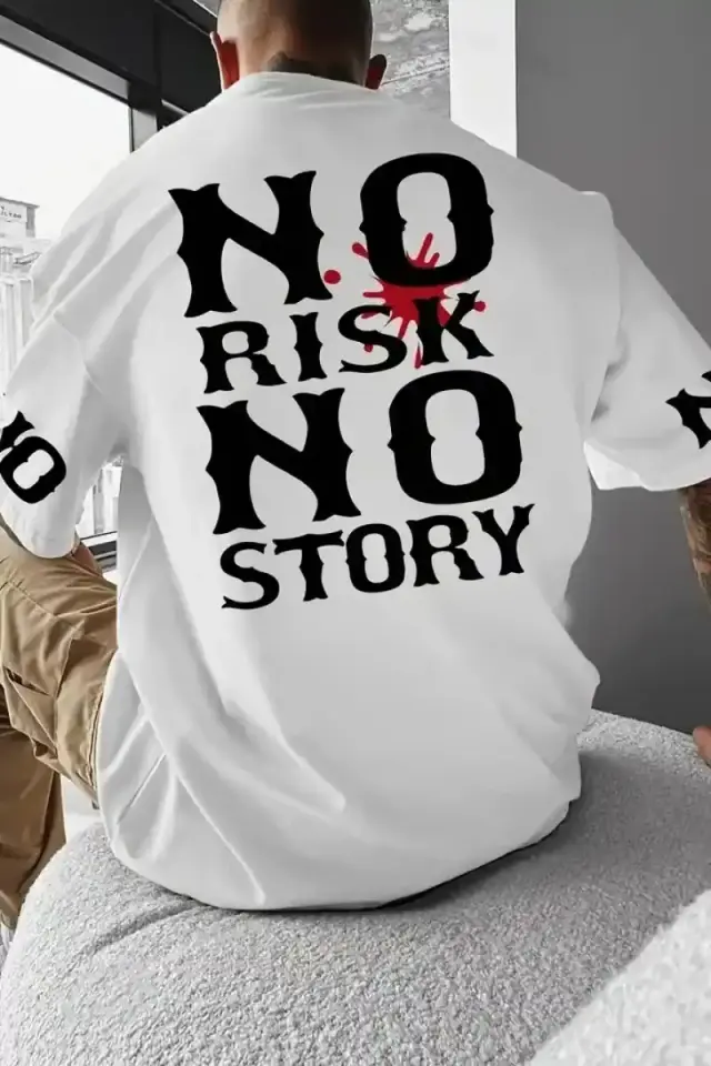 ERKEK T-Shirt  No Risk No Story Baskılı Bisiklet Yaka Tişört - Beyaz