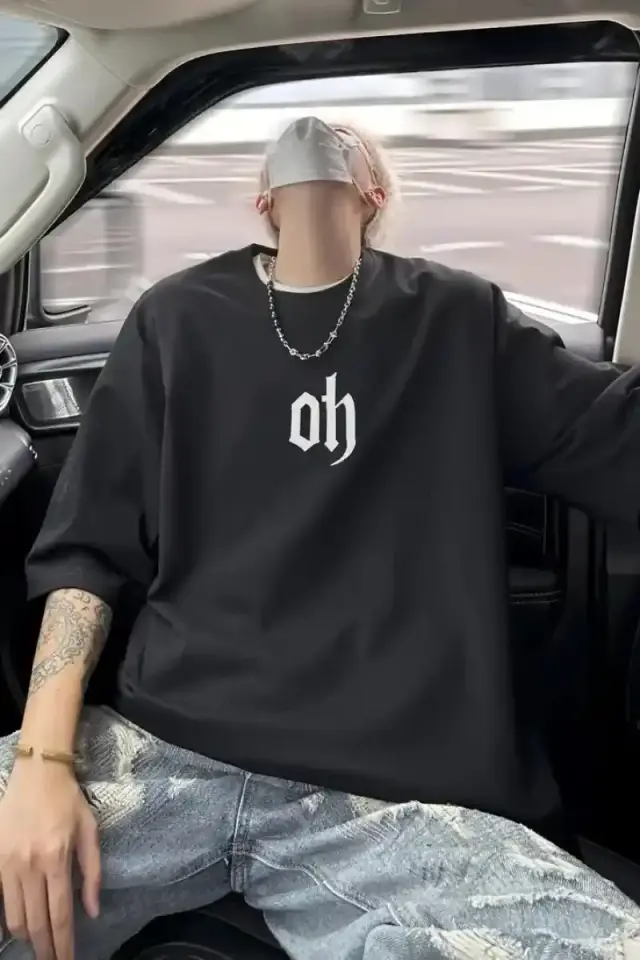 Erkek Kısa Kol Yazlık Tişört Bisiklet Yaka Baskılı Oversize T-Shirt - Siyah