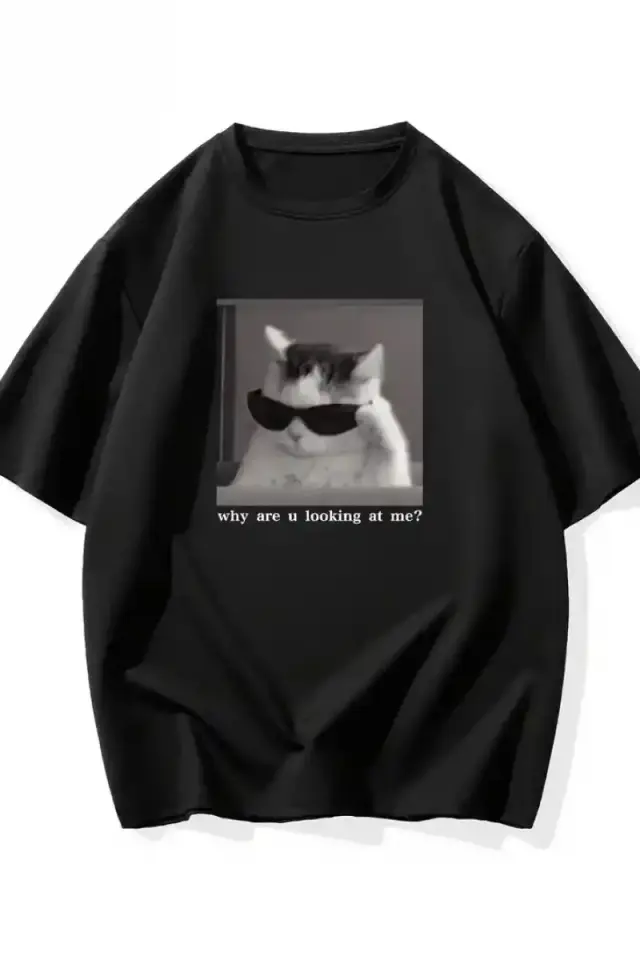 Erkek T-Shirt Komik Kedi Baskılı kısa kol Tişört - Siyah