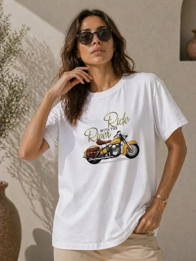 Motosiklet Baskılı Tişört Bisiklet Yaka Kısa Kol Yazlık T-Shirt - Beyaz