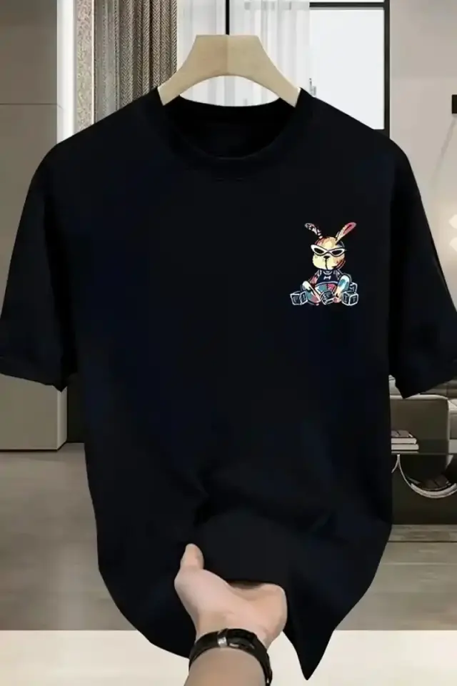 Erkek T-shirt Tavşan Baskılı Kısa Kollu Tişört - Siyah