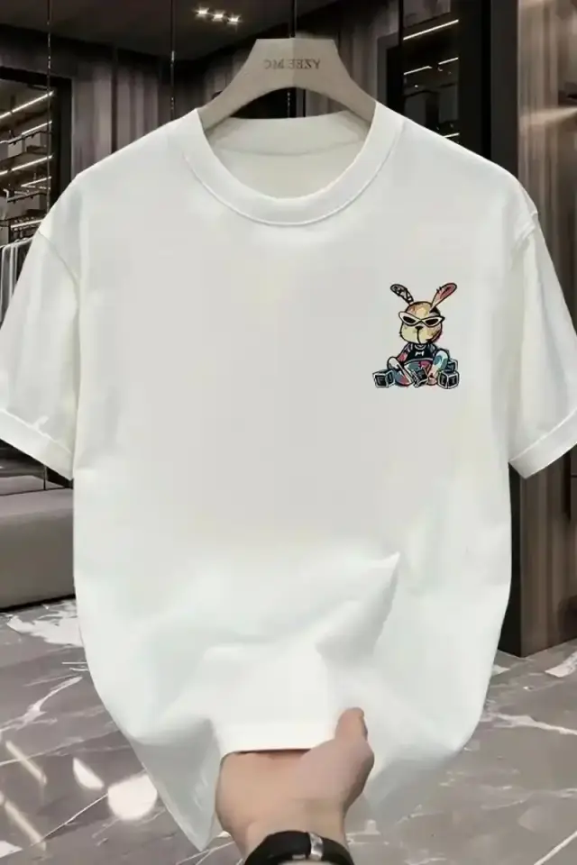 Erkek T-shirt Tavşan Baskılı Kısa Kollu Tişört - Beyaz