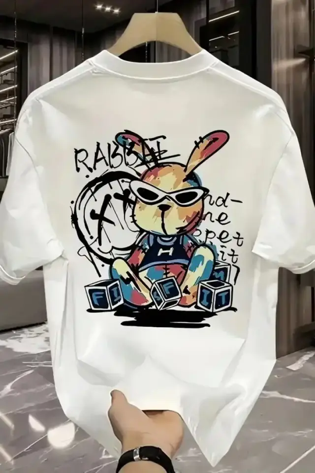 Erkek T-shirt Tavşan Baskılı Kısa Kollu Tişört - Beyaz