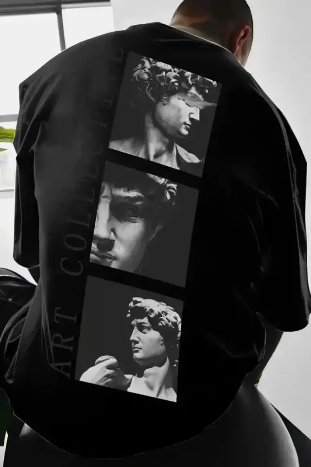 Erkek T-Shirt Sokak Stili Baskılı Kısa kol Tişört - Siyah