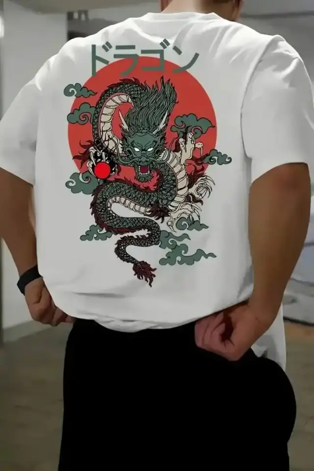 Erkek Tişört Penye Compack Ejder Baskılı Bisiklet Yaka T-shirt - Beyaz