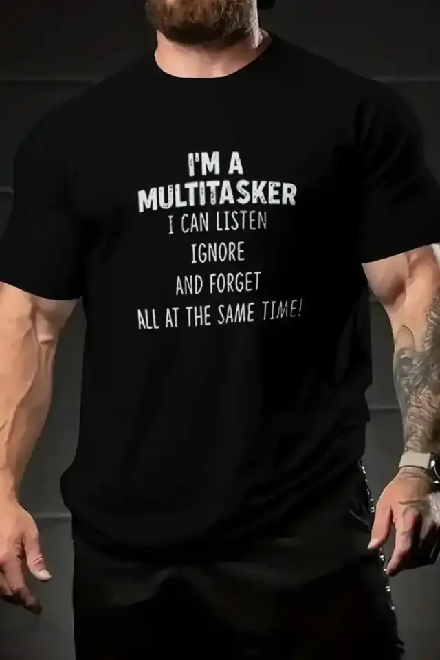 Erkek T-shirt Komik 'Multitasker' Baskılı Kısa kol Tişört - Siyah