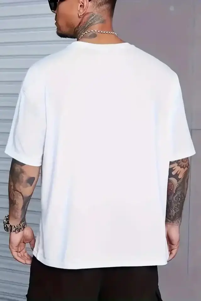 Erkek Baskılı Tişört Kısa Kol Bisiklet Yaka Oversize T-Shirt - Beyaz