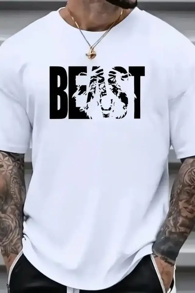 Erkek Baskılı Tişört Kısa Kol Bisiklet Yaka Oversize T-Shirt - Beyaz